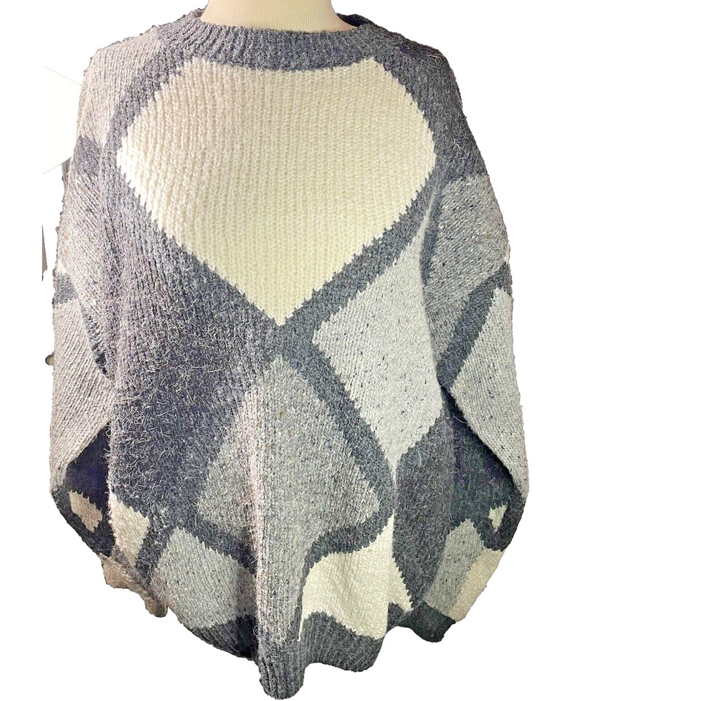 Vintage 80s Wool Sweater Large Diamond Gray Black Cream Unisex L